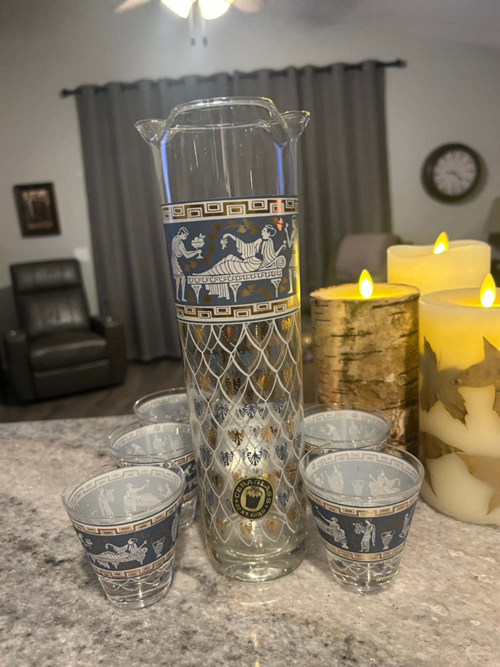 Vintage Cera glassware pitcher and tumblers 22karat gold
